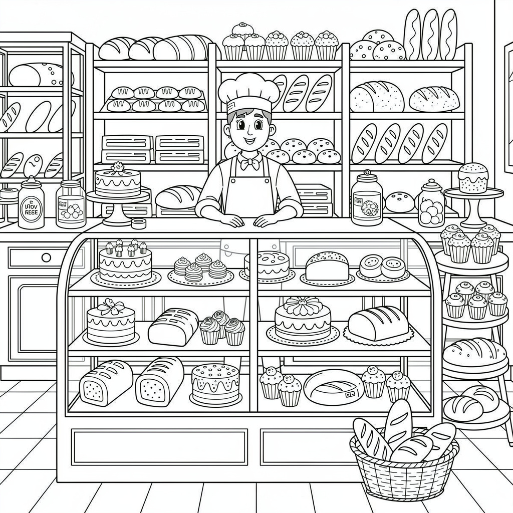 Cottagecore bakery coloring page - charming bakery shop aesthetic
