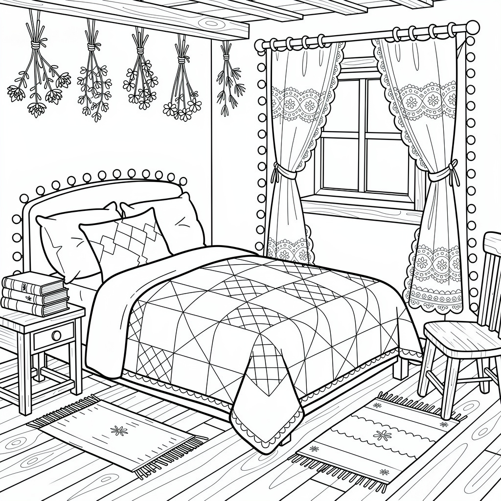 Cottagecore bedroom coloring page - cozy cottage bedroom with fairy lights