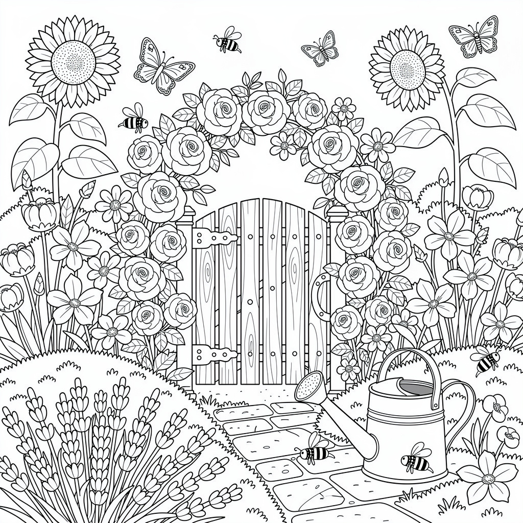 Cottagecore garden coloring page