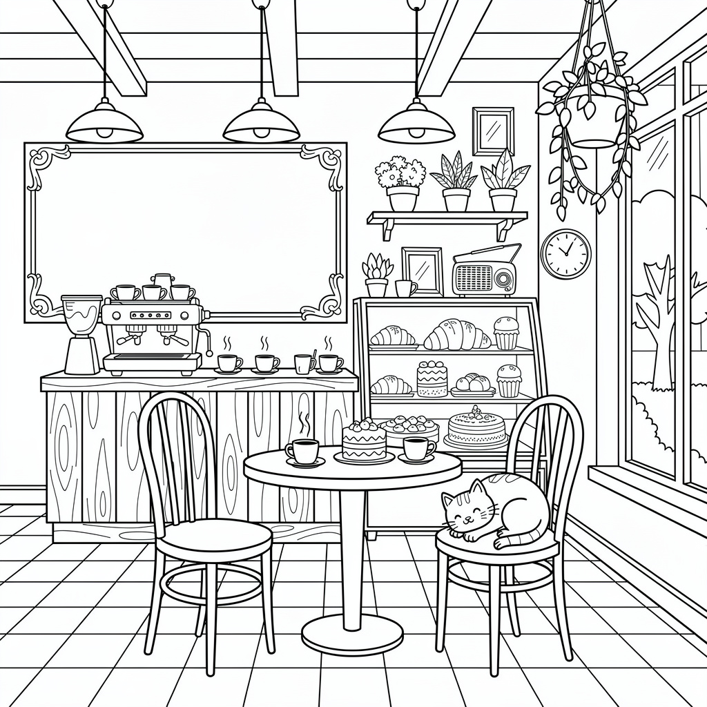 Cozy cafe coloring page - cottagecore cafe interior with cat