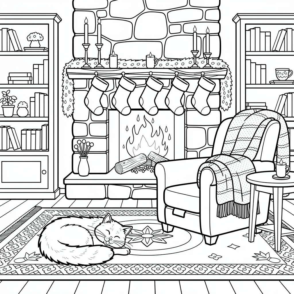 Cozy fireplace coloring page