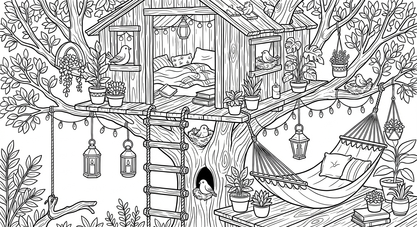Cottagecore treehouse coloring page - charming treehouse hideaway