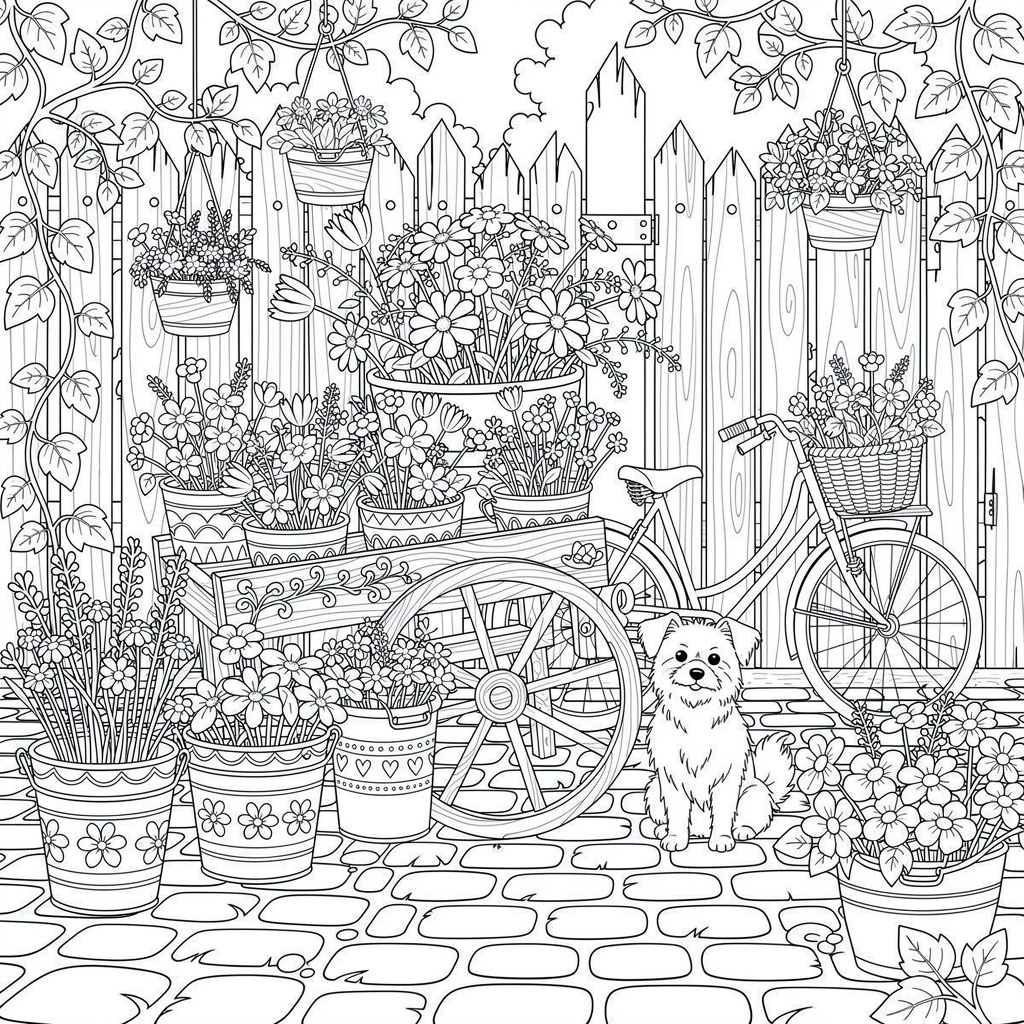 Cottagecore flower market coloring page - vintage bicycle and wildflowers