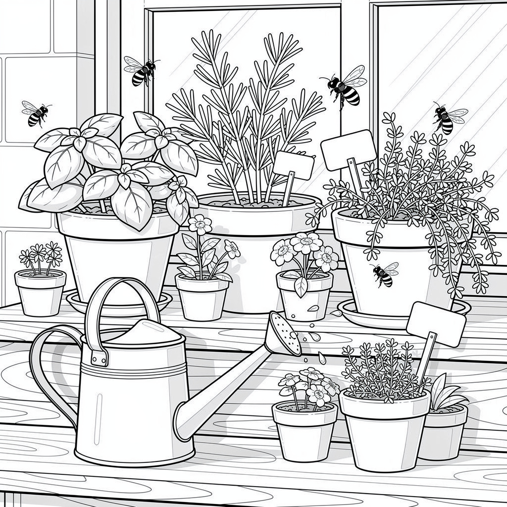 Cottagecore herb garden coloring page - kitchen herbs in terracotta pots