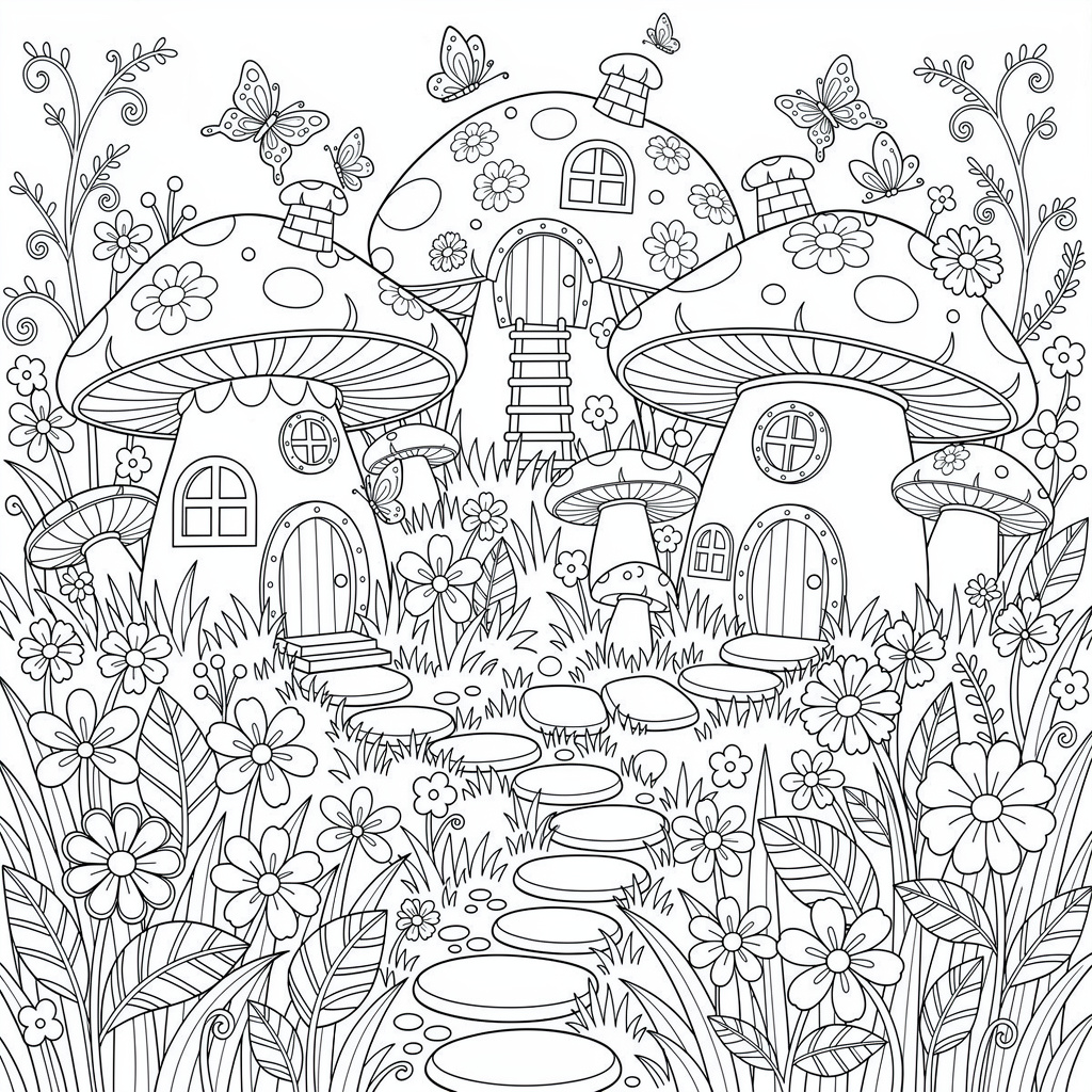 Cottagecore mushroom house coloring page