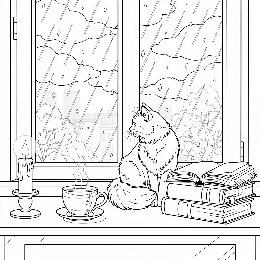 Cozy rainy day coloring page - cottagecore window scene with tea and cat