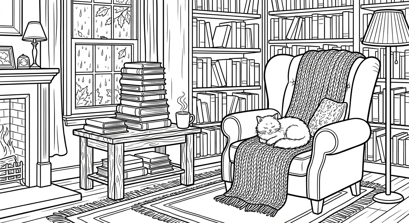 Cozy reading nook coloring page