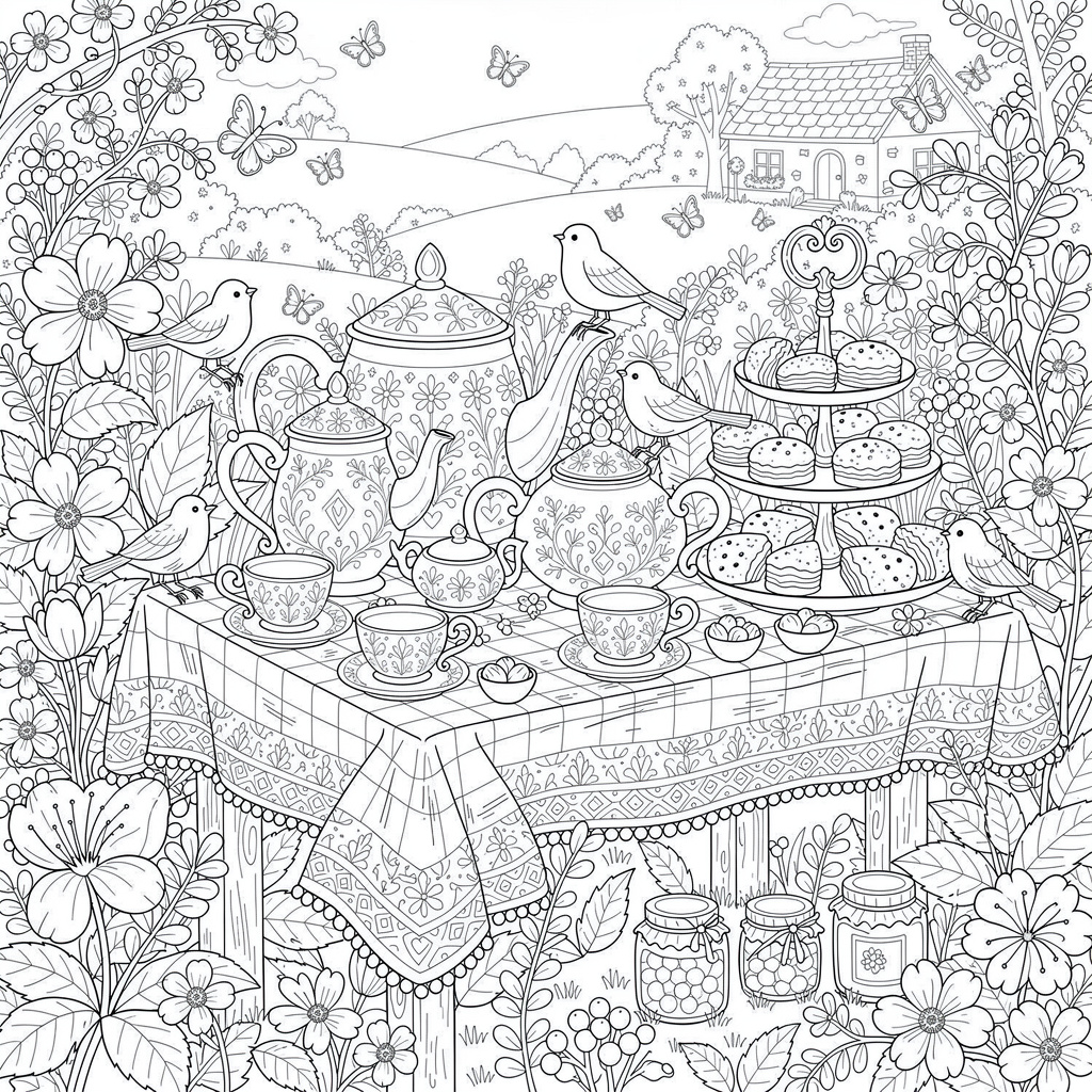 Cottagecore tea party coloring page