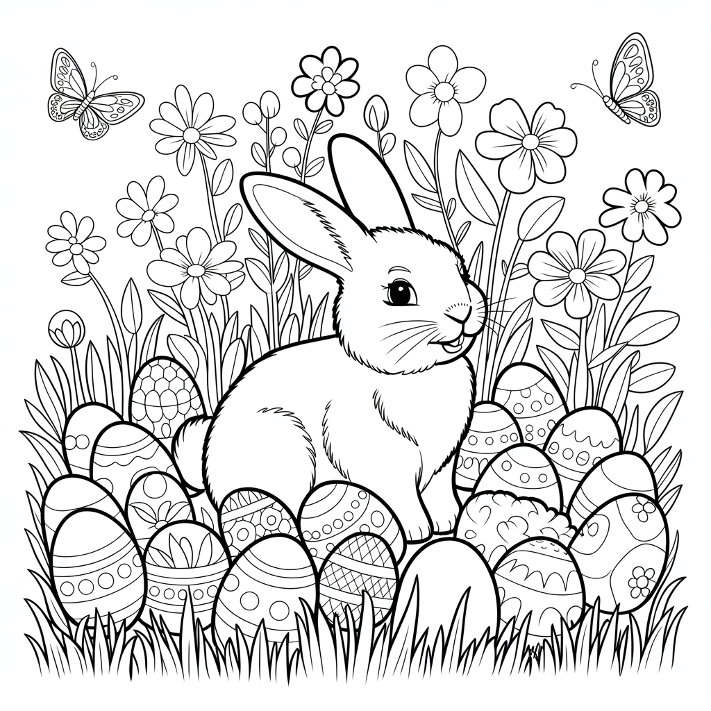 Easter Bunny in Garden Coloring Page