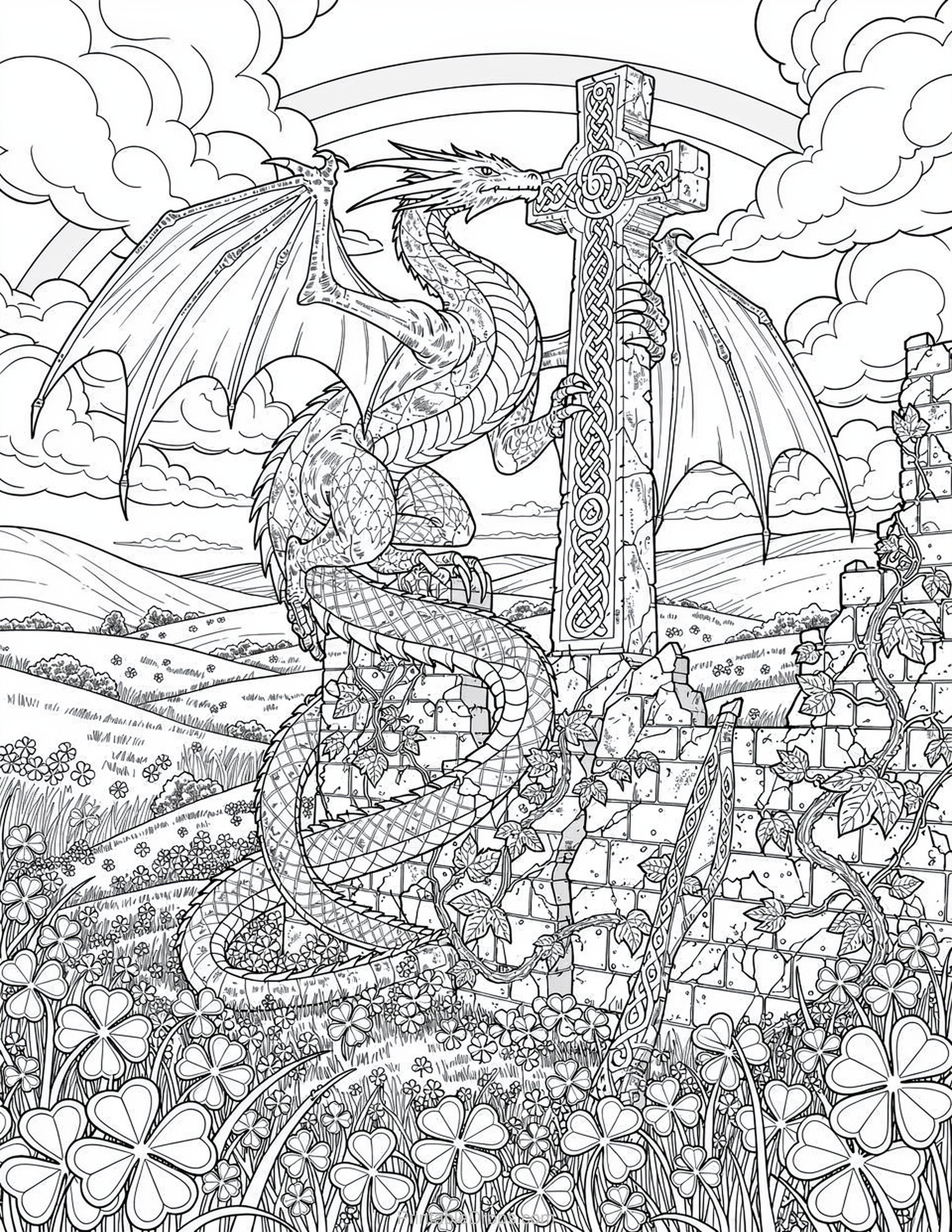 Fantasy Celtic Dragon Shamrock Coloring Page