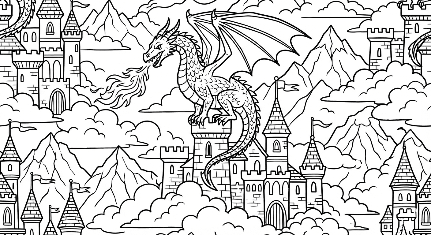 Fantasy Dragon Castle Coloring Page