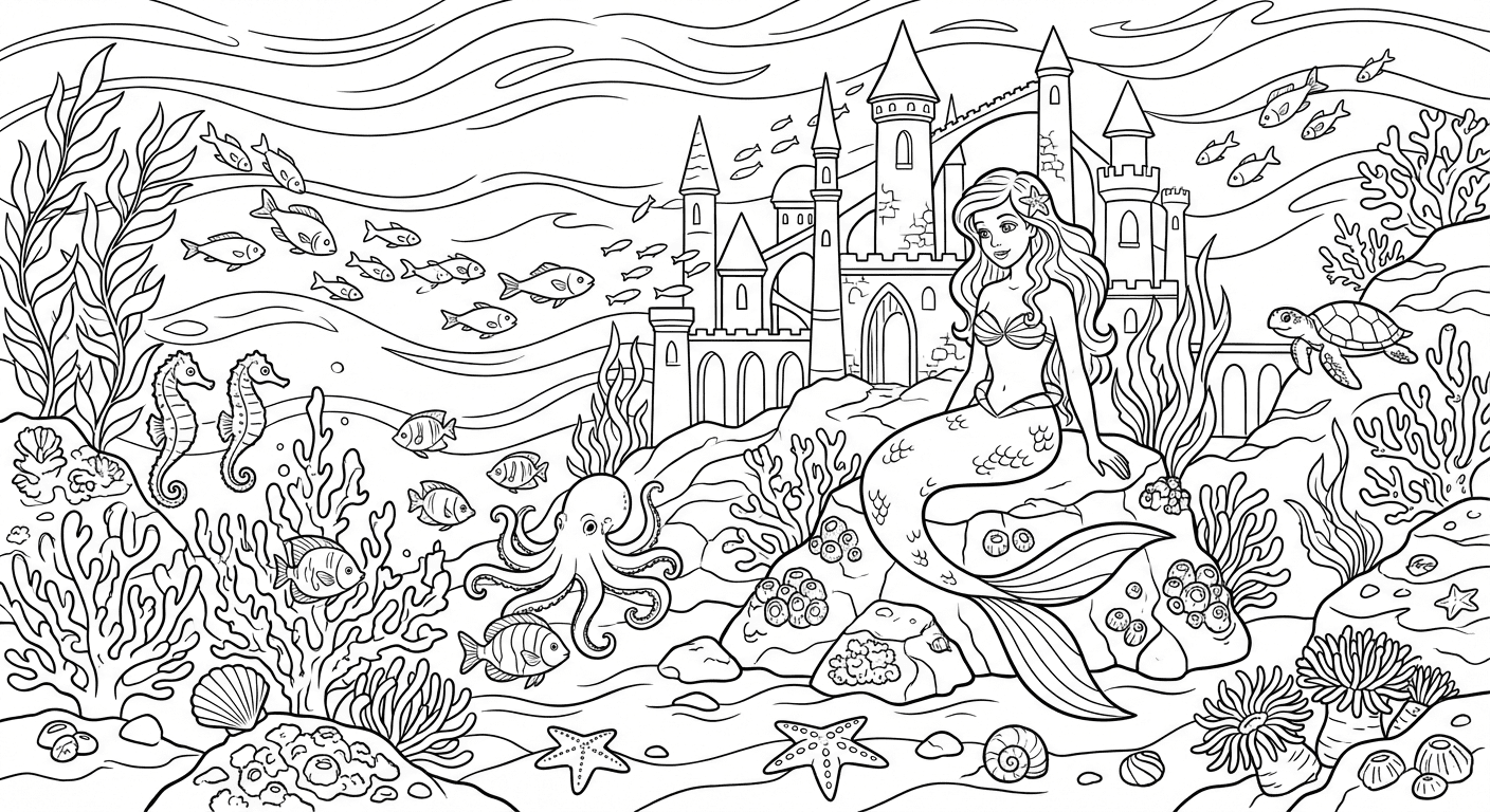 Fantasy Mermaid Ocean Coloring Page