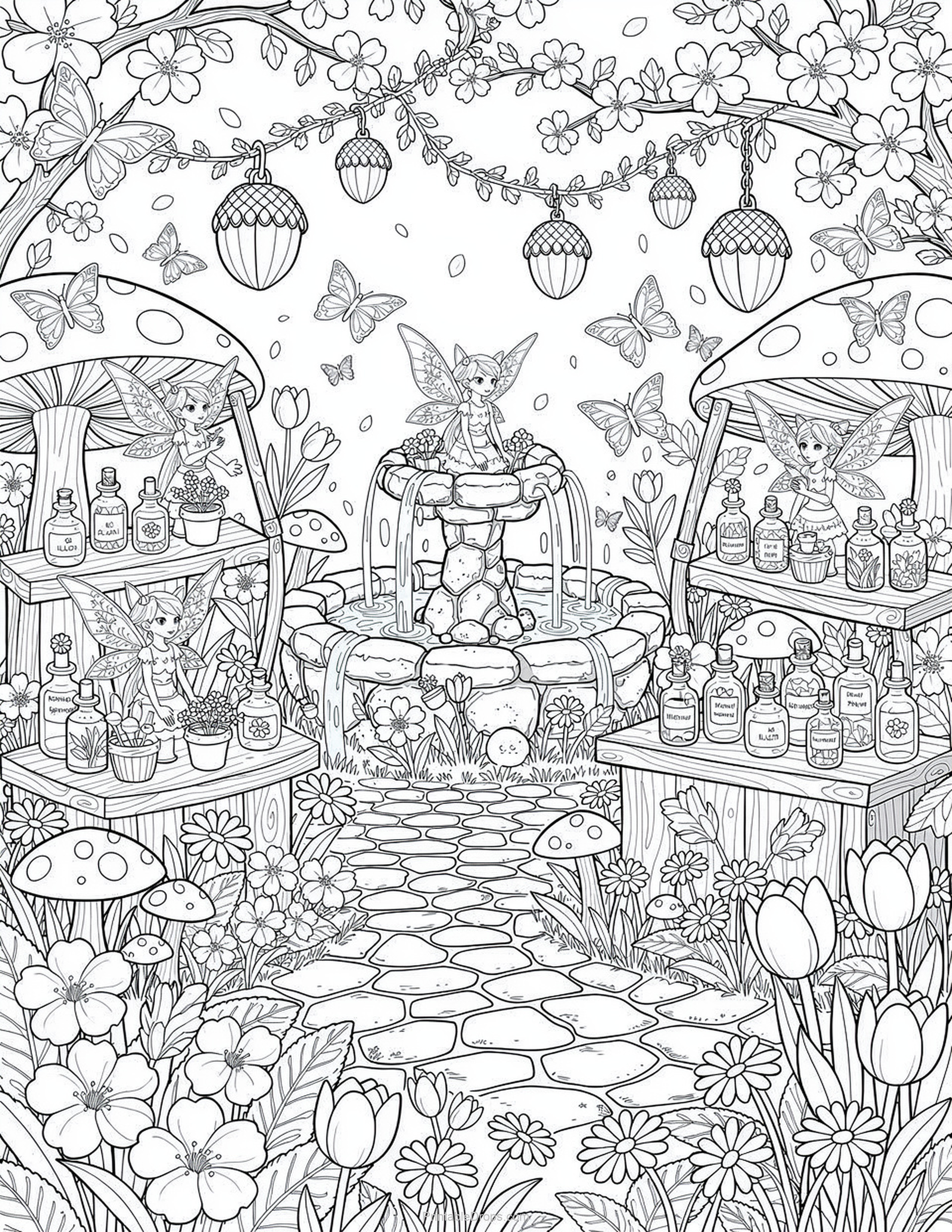 Fantasy Spring Fairy Market Coloring Page