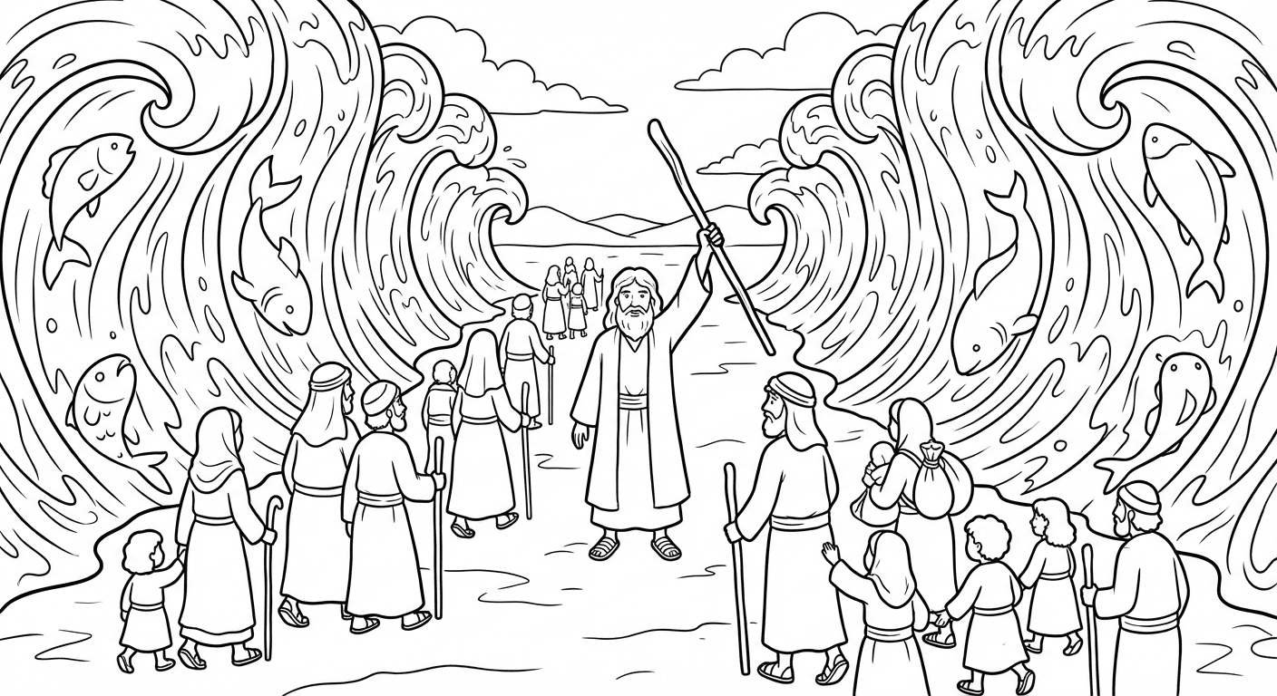 Free Printable Moses Parting the Red Sea Coloring Page - PrintableDrops